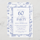 Chinoiserie Frans Blauw Script 60ste Verjaardagsfe Kaart (Voorkant / Achterkant)