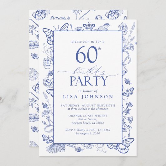 Chinoiserie Frans Blauw Script 60ste Verjaardagsfe Kaart (Voorkant / Achterkant)