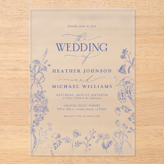 Chinoiserie Frans Blauw Victoriaans Bloemen Bruilo Acryl Uitnodigingen (Voorkant)