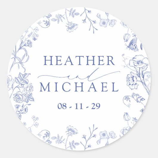 Chinoiserie Frans Blauw Victoriaans Bloemen Bruilo Ronde Sticker (Voorkant)