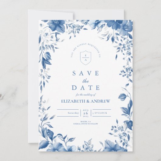 Chinoiserie Frans Blauw Victoriaans Bloemen Bruilo Save The Date (Voorkant)