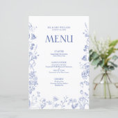 Chinoiserie Frans Blauw Victoriaans Bruiloft Menu (Staand voorkant)