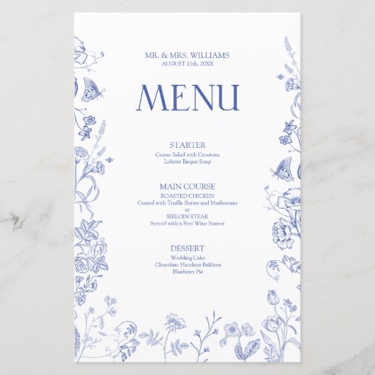 Chinoiserie Frans Blauw Victoriaans Bruiloft Menu (Voorkant)