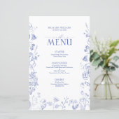 Chinoiserie Frans Blauw Victoriaans Bruiloft Menu (Staand voorkant)