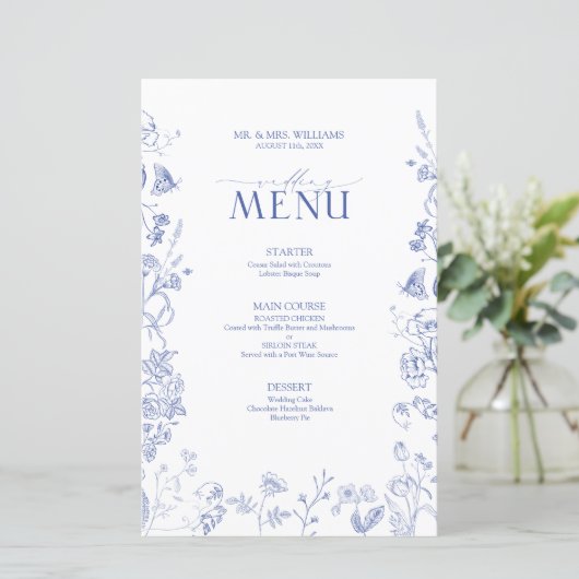 Chinoiserie Frans Blauw Victoriaans Bruiloft Menu (Staand voorkant)