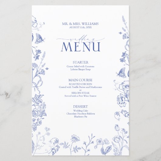 Chinoiserie Frans Blauw Victoriaans Bruiloft Menu (Voorkant)