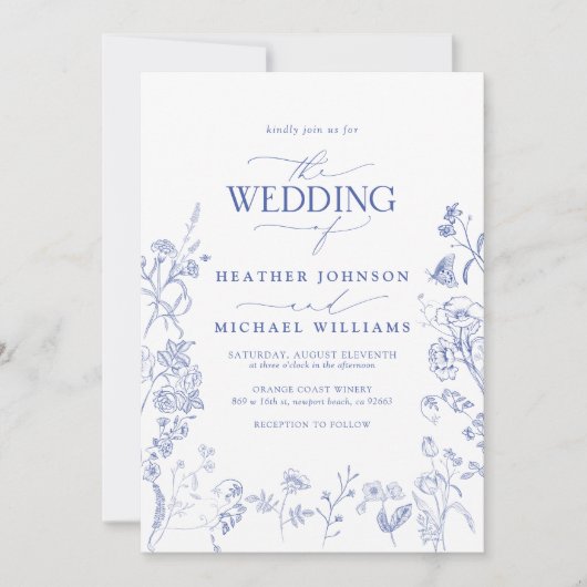 Chinoiserie Frans Blauw Victoriaanse Foto Bruiloft Kaart (Voorkant)