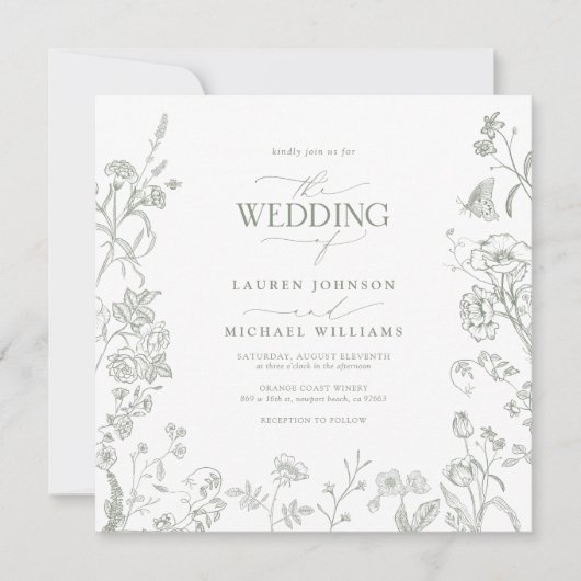 Chinoiserie Franse Groene Victoriaans Bloemen Huwe Kaart (Voorkant)