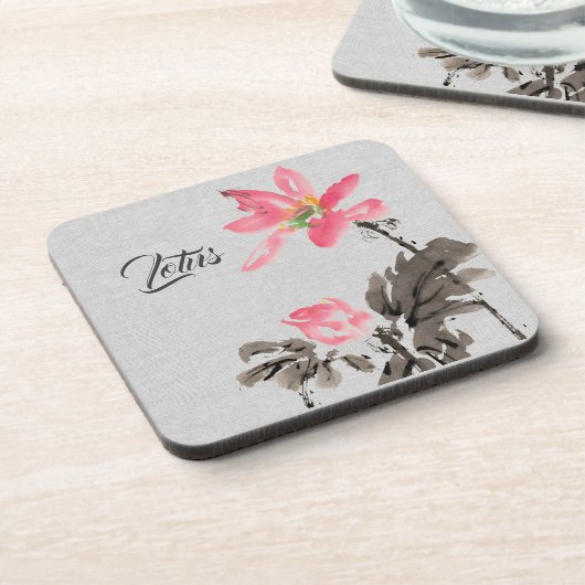 Chinoiserie Freehand Waterverf Floral Lotus Beve Bier Onderzetter (Linkerzijde)