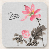 Chinoiserie Freehand Waterverf Floral Lotus Beve Bier Onderzetter (Voorkant)