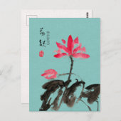Chinoiserie Freehand Waterverf Floral Lotus Green Briefkaart (Voorkant / Achterkant)