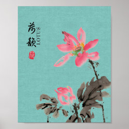 Chinoiserie Freehand Waterverf Floral Lotus Poster