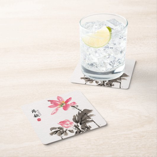 Chinoiserie Freehand Waterverf Floral Lotus Squar Kartonnen Onderzetters (Insitu)