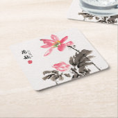 Chinoiserie Freehand Waterverf Floral Lotus Squar Kartonnen Onderzetters (Schuin)