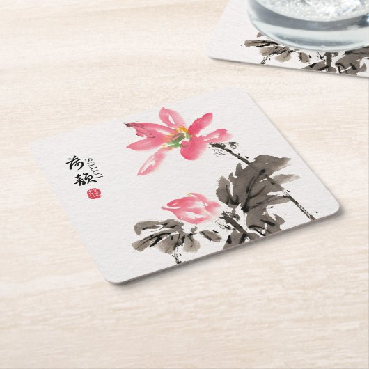 Chinoiserie Freehand Waterverf Floral Lotus Squar Kartonnen Onderzetters (Schuin)