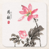 Chinoiserie Freehand Waterverf Floral Lotus Squar Kartonnen Onderzetters (Voorkant)
