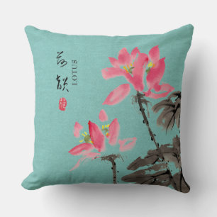 Chinoiserie Freehand Waterverf Lotus Flower Green Kussen