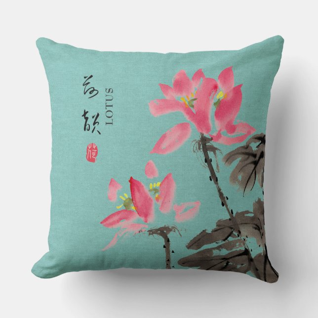 Chinoiserie Freehand Waterverf Lotus Flower Green Kussen (Voorkant)