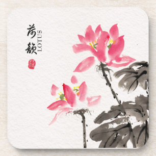 Chinoiserie Freehand Waterverf Lotus Flowers Bier Onderzetter