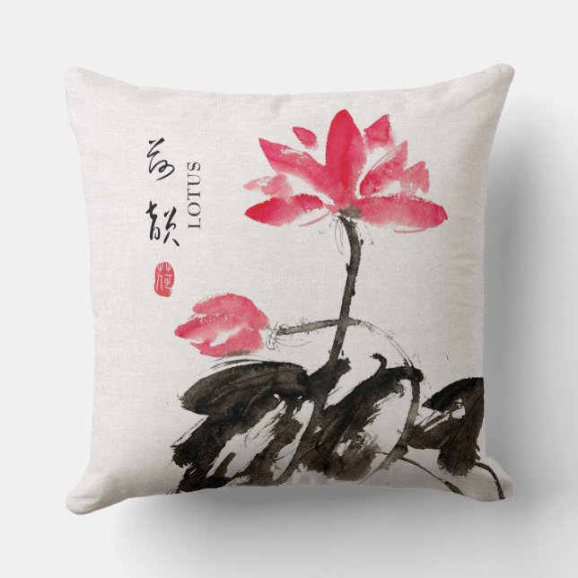 Chinoiserie Freehand Waterverf Lotus Flowers Kussen (Achterkant)