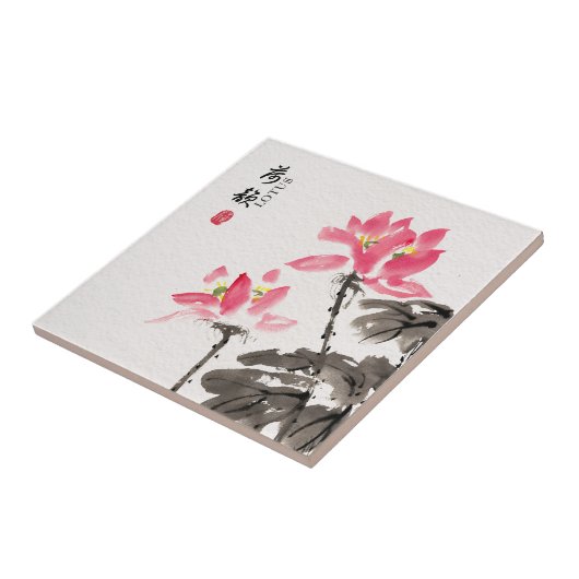 Chinoiserie Freehand Waterverf Lotus Flowers Tegeltje (Zijkant)