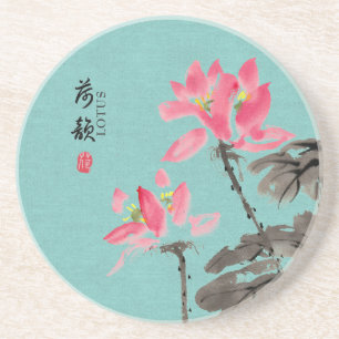 Chinoiserie Freehand Waterverf Lotus Flowers Zandsteen Onderzetter