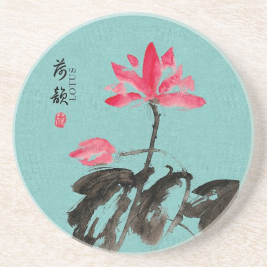 Chinoiserie Freehand Waterverf Lotus Flowers Zandsteen Onderzetter (Voorkant)
