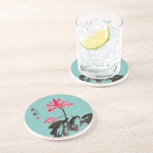 Chinoiserie Freehand Waterverf Lotus Flowers Zandsteen Onderzetter (Zijkant)