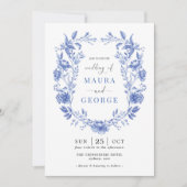 Chinoiserie Garden Delft Blue Floral Crest Wedding Kaart (Voorkant)