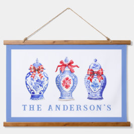 Chinoiserie gemberpot met rode strik | Kerstmis Hangend Wandkleed