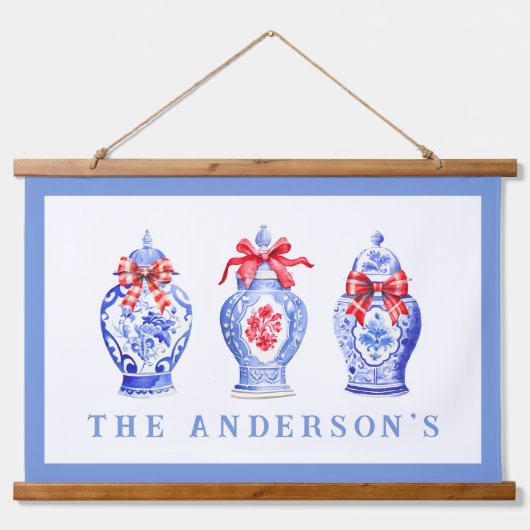 Chinoiserie gemberpot met rode strik | Kerstmis Hangend Wandkleed (Voorkant)