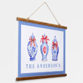 Chinoiserie gemberpot met rode strik | Kerstmis Hangend Wandkleed (Gebogen)