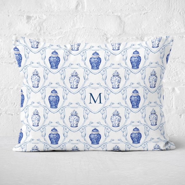 Chinoiserie Gemberpot Monogram Kroonlijst Accent Kussen (Ginger Jar Crest Monogram Lumbar Pillow)
