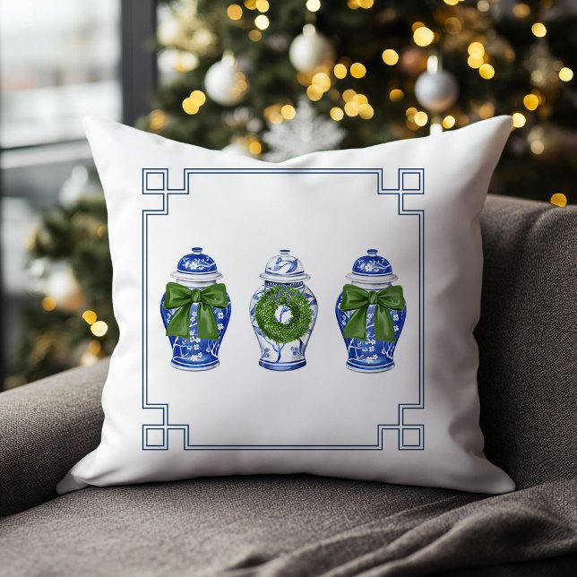 Chinoiserie Gemberpotten Kerst Kussen (chinoiserie blue and white ginger jar christmas pillow)