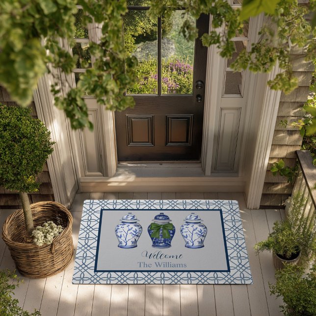 Chinoiserie Ginger Jar Aangepaste naam Welkom Deurmat (Ginger Jar Chinoiserie custom name personalized doormat)