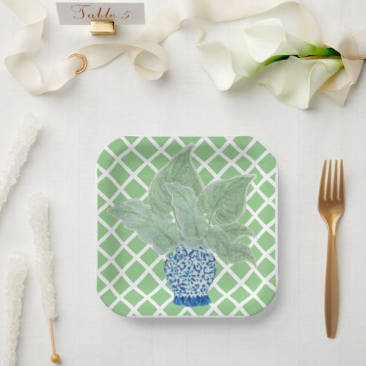 Chinoiserie Ginger Jar Jars Tropical Leaves Papieren Bordje (Huwelijk)