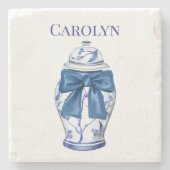 Chinoiserie Ginger Jar met blauwe strik Stenen Onderzetter (Voorkant)