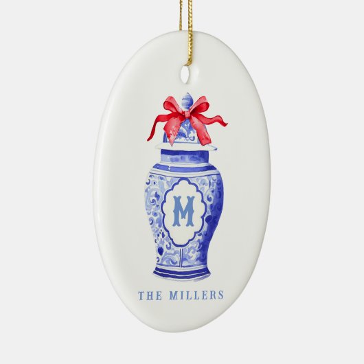 Chinoiserie Ginger Jar Monogram | Rode strik Keramisch Ornament (Rechts)