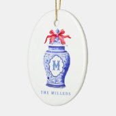 Chinoiserie Ginger Jar Monogram | Rode strik Keramisch Ornament (Links)