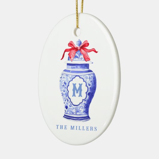 Chinoiserie Ginger Jar Monogram | Rode strik Keramisch Ornament (Links)