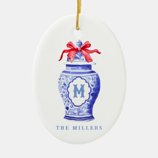 Chinoiserie Ginger Jar Monogram | Rode strik Keramisch Ornament (Voorkant)