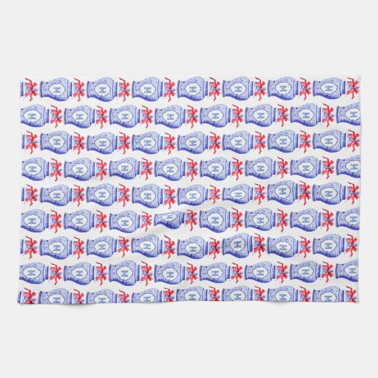 Chinoiserie Ginger Jar Monogram | Rode strik Theedoek (Horizontaal)