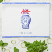 Chinoiserie Ginger Jar Monogram | Rode strik Theedoek (Gevouwen)