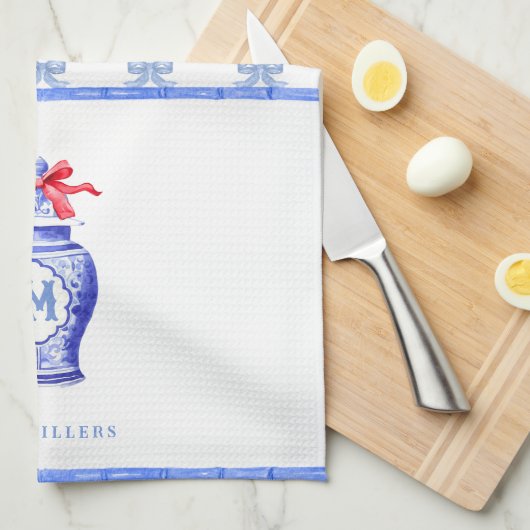 Chinoiserie Ginger Jar Monogram | Rode strik Theedoek (Quarter Fold)