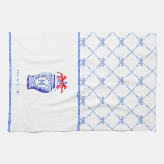 Chinoiserie Ginger Jar Monogram | Rode strik Theedoek (Horizontaal)