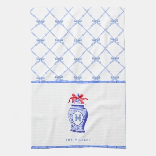 Chinoiserie Ginger Jar Monogram | Rode strik Theedoek (Verticaal)