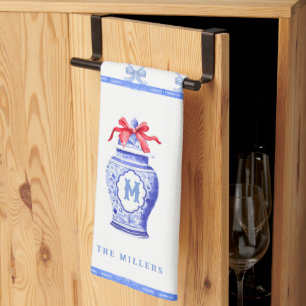 Chinoiserie Ginger Jar Monogram Rode strik Theedoek