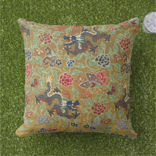 Chinoiserie Gouden Draak & Roze Pioenprint Buitenkussen