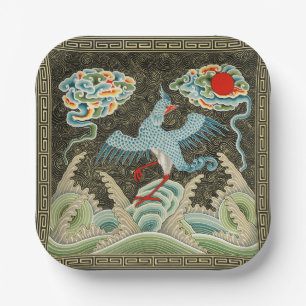 Chinoiserie Gouden Kraanvogel & Zee Golfpatroon Papieren Bordje