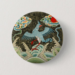 Chinoiserie Gouden Kraanvogel & Zee Golfpatroon Ronde Button 5,7 Cm